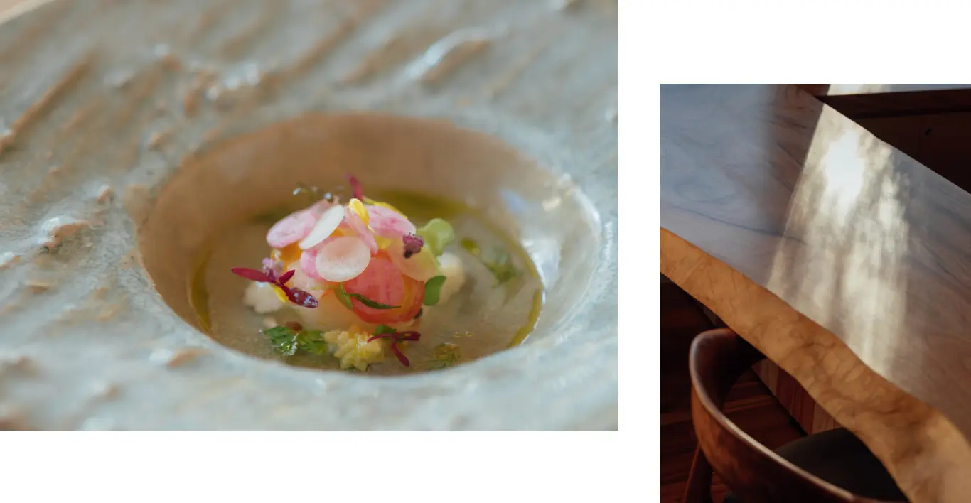 Meals prepared with ingredients from the Izu Peninsula and Shizuoka Prefecture.The chef's one-panel counter made of Izu's famous camphor wood.