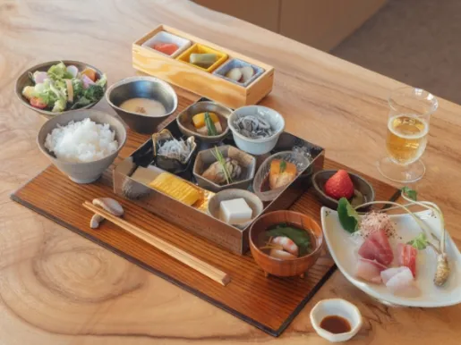 Japanese breakfast using locally grown rice, water, fish, vegetables, etc.