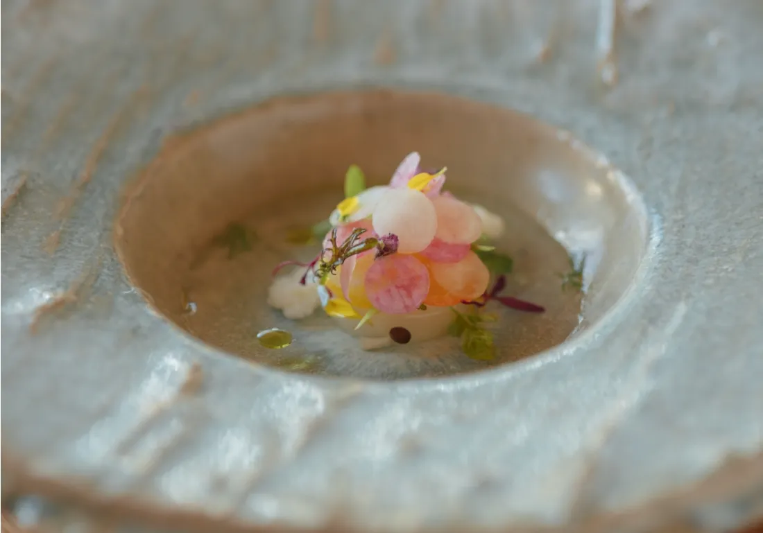 Chilled soup with vegetables from our own garden, local vegetables, sencha green tea and bonito broth.