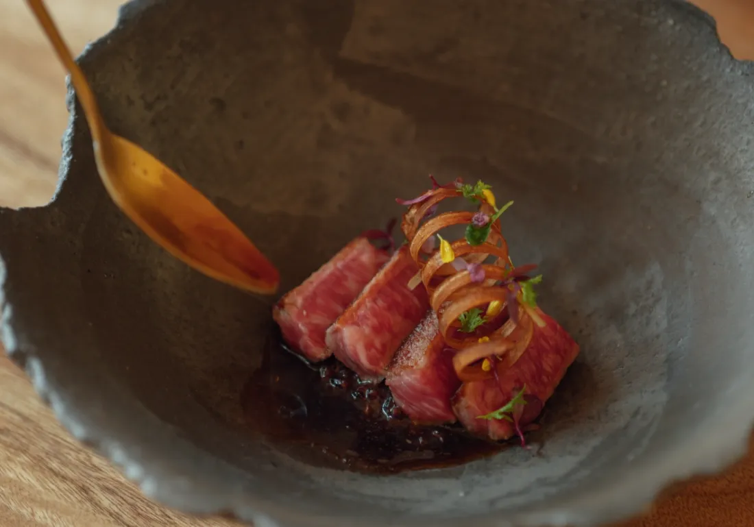 The main dish is a risotto with female Wagyu beef from Shizuoka Prefecture and ancient rice!